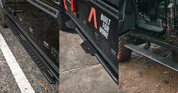 Side-by-side comparison of INEOS Grenadier side steps showing fixed aluminum running boards, clamp-on rock slider step plates, and deployed electric powersteps.