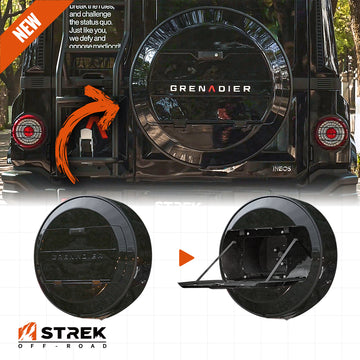 STREK OFF ROAD spare tire cover with folding table on Ineos Grenadier