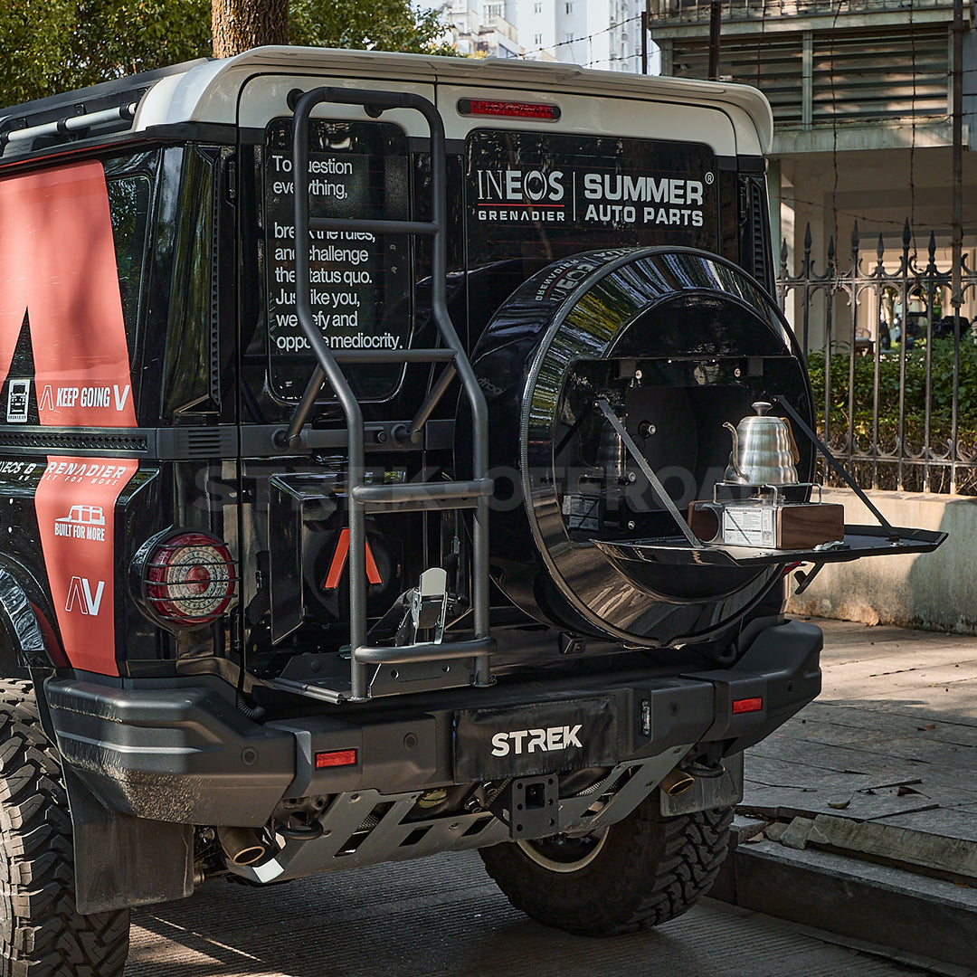 STREK OFF ROAD spare tire cover with folding table on Ineos Grenadier