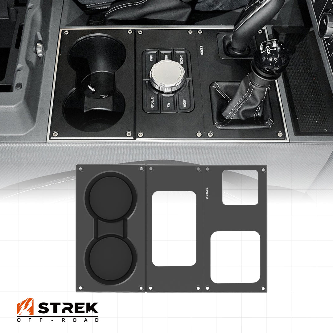 Matte black aluminum cup holder installed in Ineos Grenadier center console