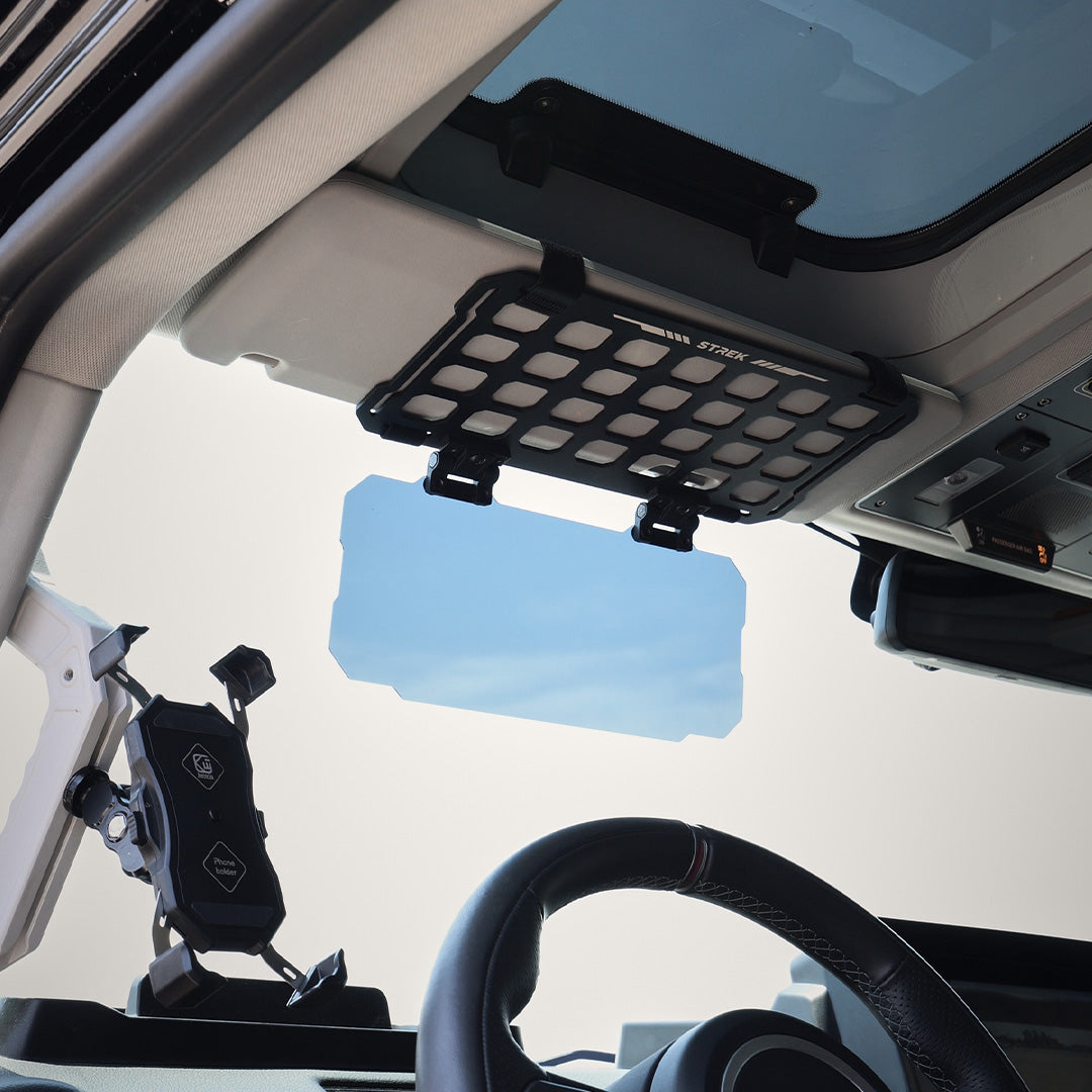 Ineos Grenadier Sun Visor MOLLE Panel Installed - Flip-Down Shield Blocking Low-Angle Sun | Strek Offroad
