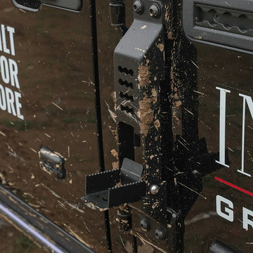 Ineos Grenadier Door Hinge Step black installed on door hinge for rooftop access - Strek Offroad