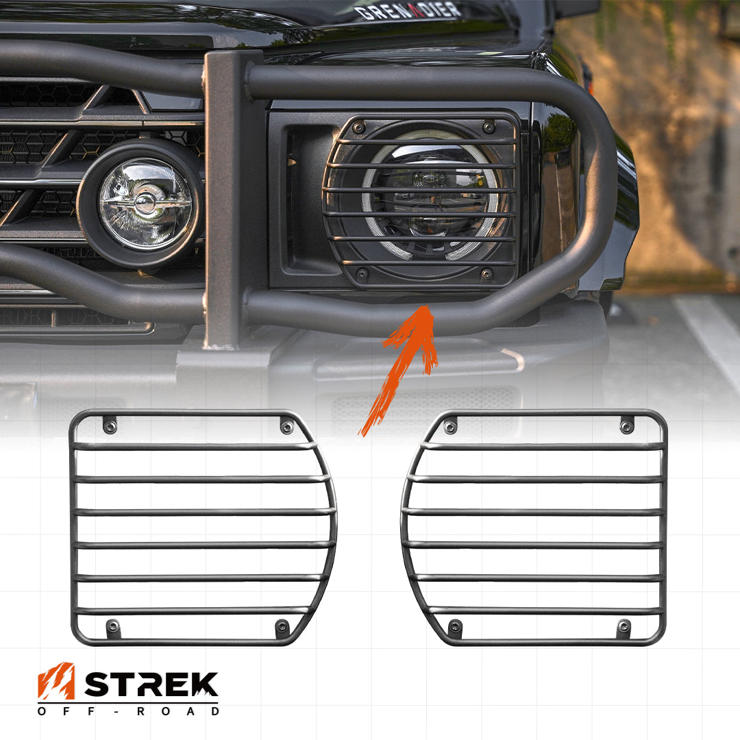 Black metal headlight guards installed on Ineos Grenadier