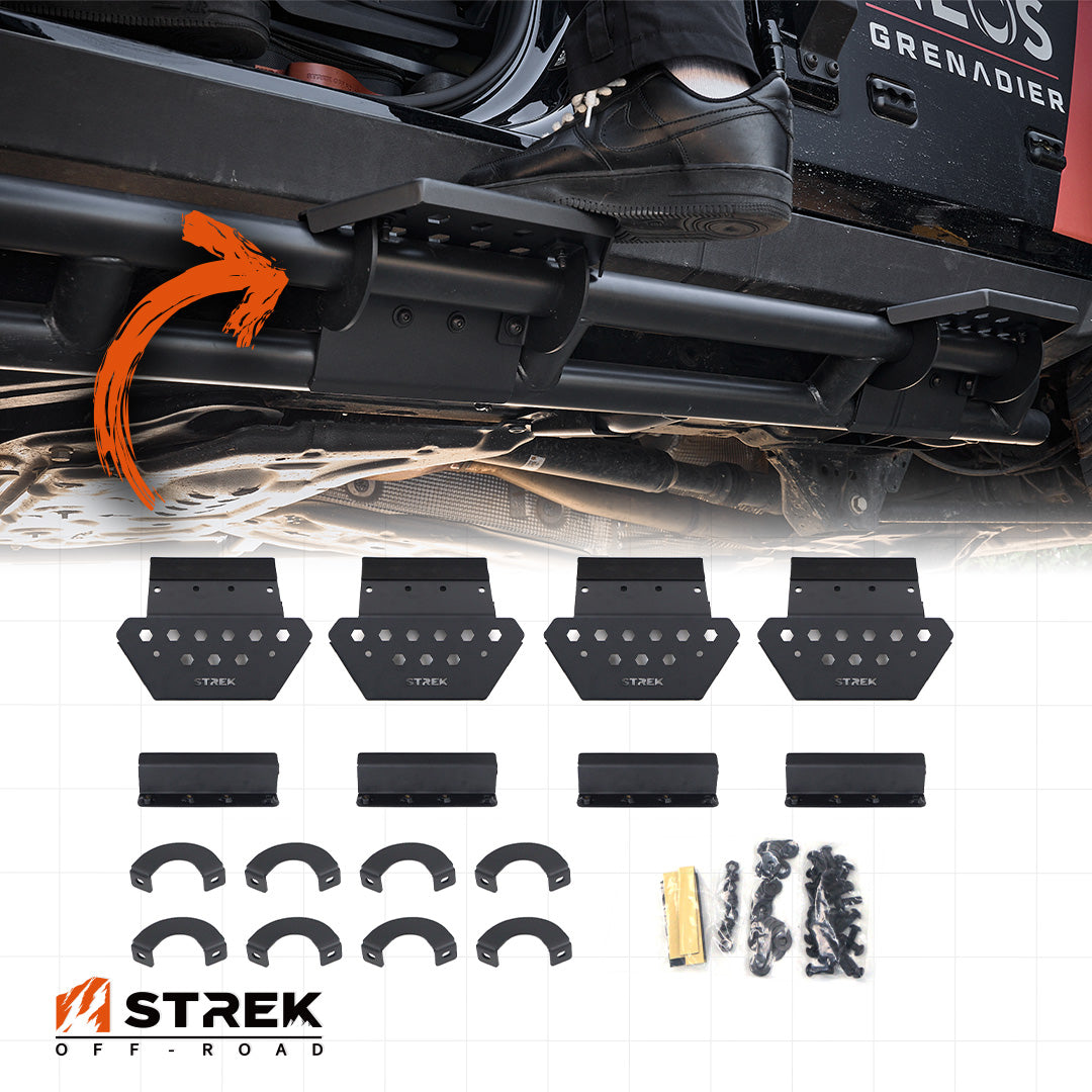 ineos-grenadier-side-steps-rock-slider-clamp-step-kit-infographic-contents-installed-and-uninstalled-view