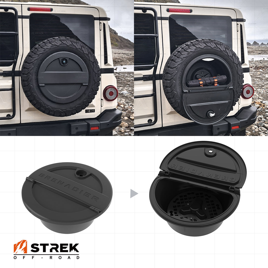 Lockable spare tire storage box installed on Ineos Grenadier