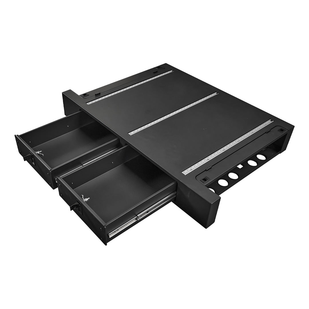 Ineos Grenadier Twin Drawer System open drawers showing interior storage - Strek Offroad