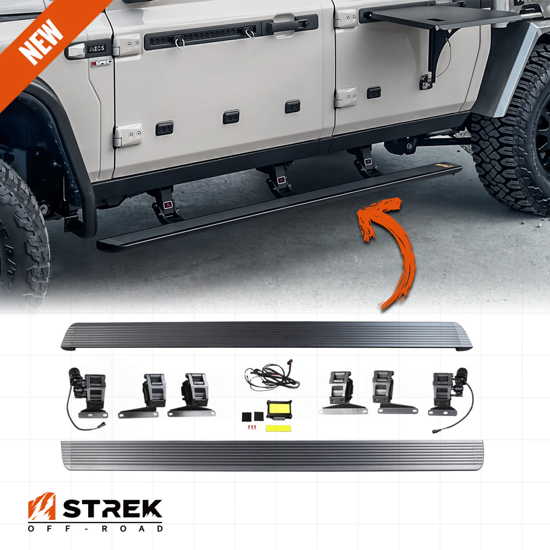 Ineos Grenadier Quartermaster electric side steps deployed with installation kit