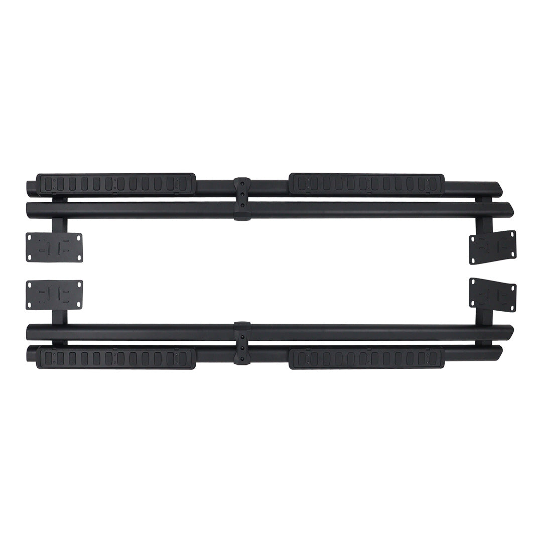 Pair of black fixed aluminum running boards with mounting brackets and textured step pads on a white background for INEOS Grenadier Quartermaster.