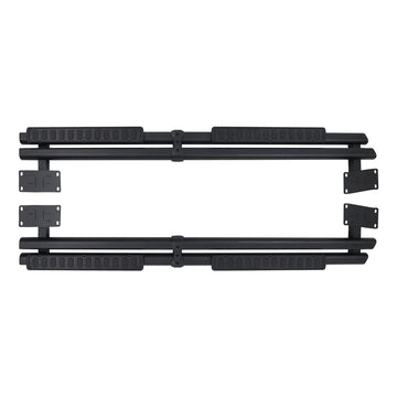 Pair of black fixed aluminum running boards with mounting brackets and textured step pads on a white background for INEOS Grenadier Quartermaster.