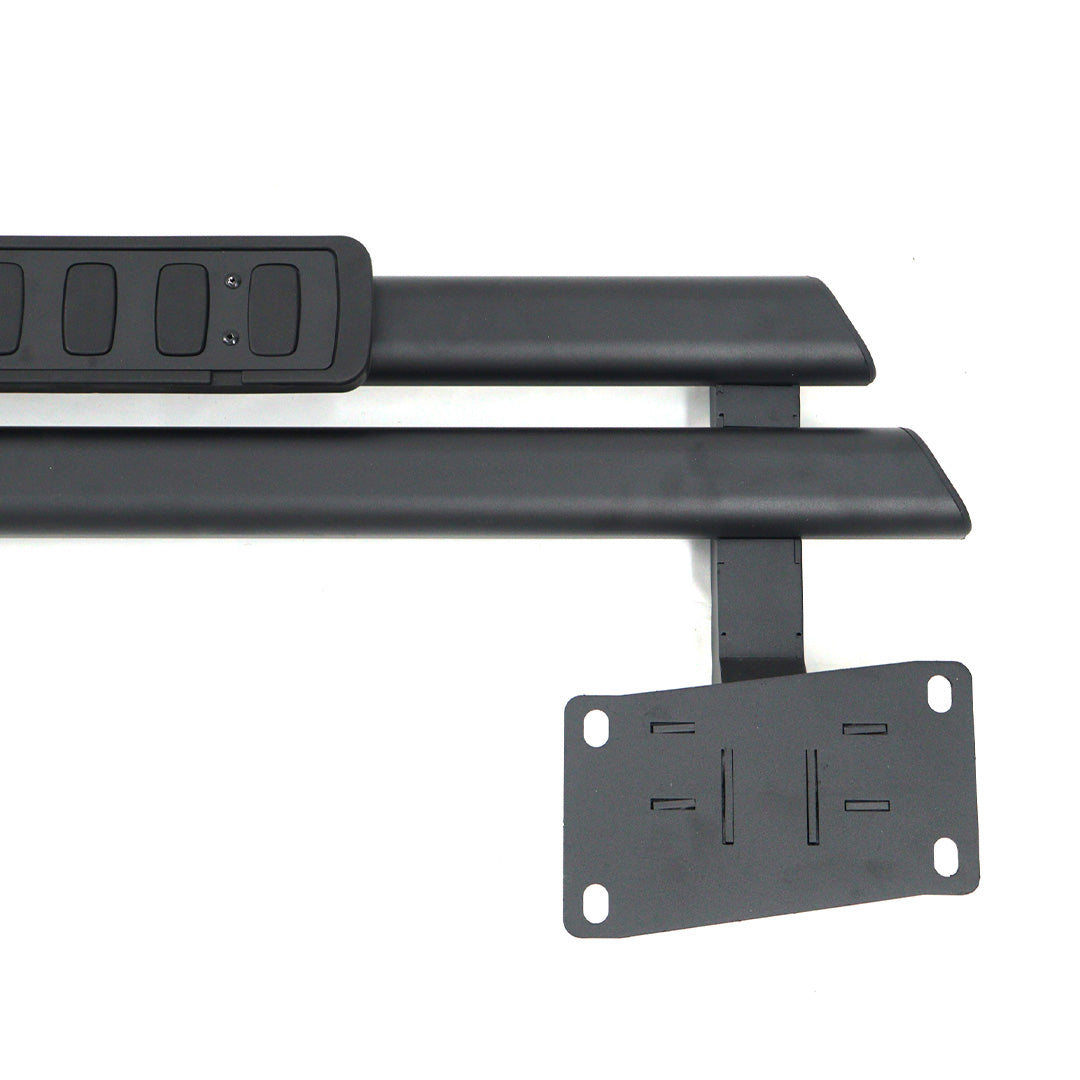Close-up of the rear mounting bracket and rounded dual tube ends on a black fixed running board for INEOS Grenadier Quartermaster.