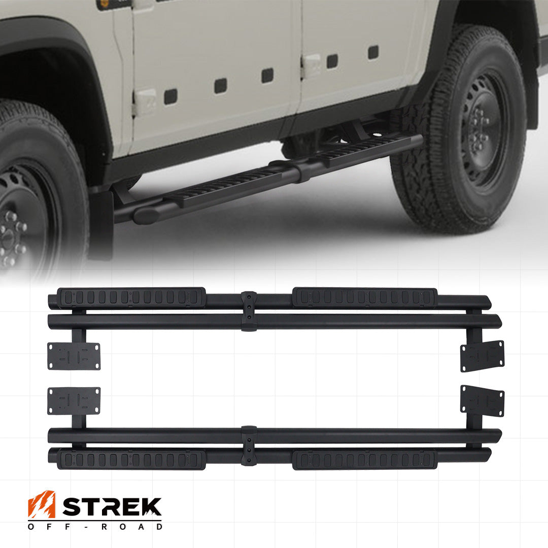 Branded product overview graphic showing installed vehicle fitment and unmounted running board pair for INEOS Grenadier Quartermaster.
