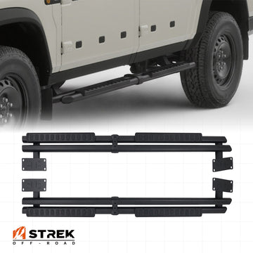 Branded product overview graphic showing installed vehicle fitment and unmounted running board pair for INEOS Grenadier Quartermaster.