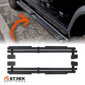 Product overview graphic showing installed vehicle fitment and unmounted running board pair for INEOS Grenadier.