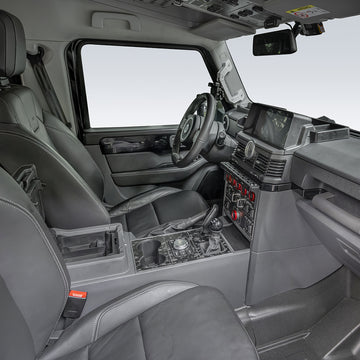Interior cabin organizer set with diagram arrows indicating installation locations across the INEOS Grenadier dashboard, armrest, and door panels.