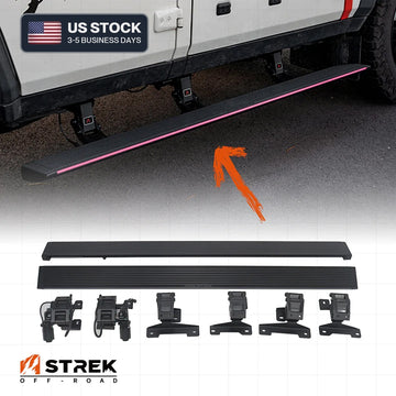 Electric deployable side steps with integrated LED lighting strip installed on an INEOS Grenadier Station Wagon, shown alongside mounting brackets and running board hardware.