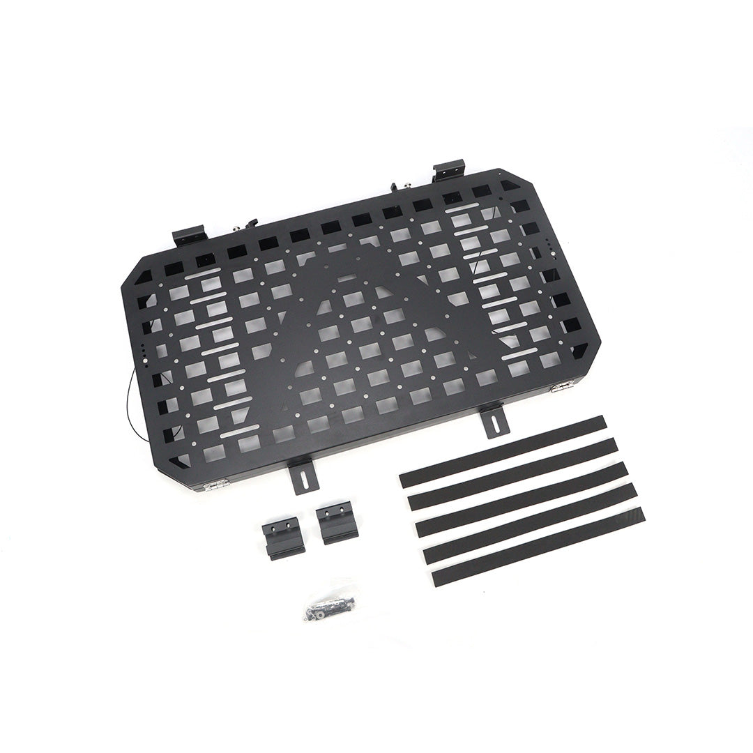STREK Off Road external MOLLE panel side cargo rack compatible with INEOS Grenadier, matte black powder-coated metal storage rack on a white background.