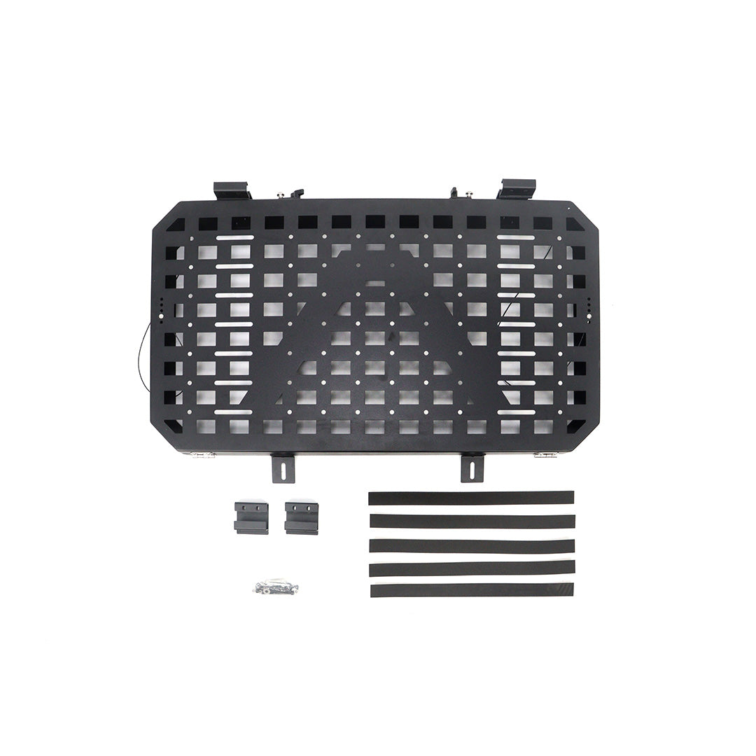 STREK Off Road external MOLLE panel side cargo rack compatible with INEOS Grenadier, matte black powder-coated metal storage rack on a white background.