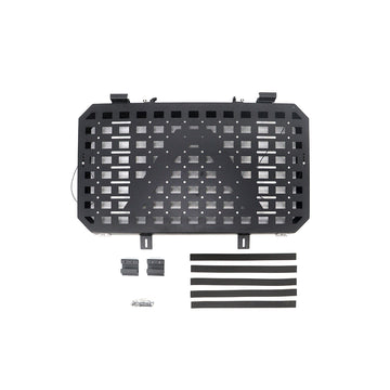 STREK Off Road external MOLLE panel side cargo rack compatible with INEOS Grenadier, matte black powder-coated metal storage rack on a white background.