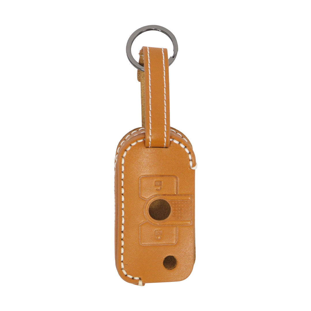 Orange leather key fob cover case with precise physical button embossing and mechanical key cutout hole designed for INEOS Grenadier remote entry key.