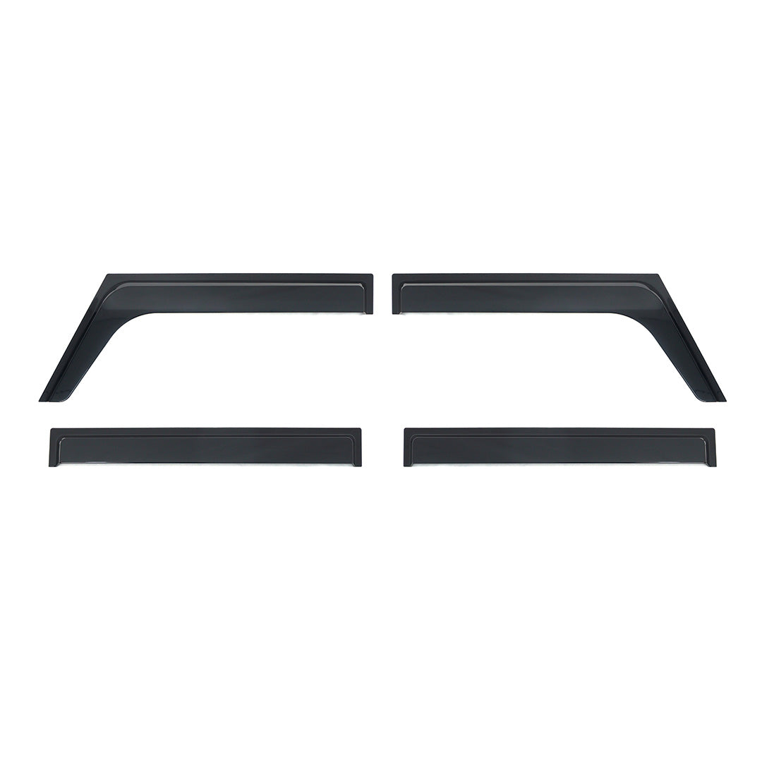 STREK Off Road side window deflectors set of 4 compatible with INEOS Grenadier, matte black tinted acrylic rain guards and sun visors on a white background.