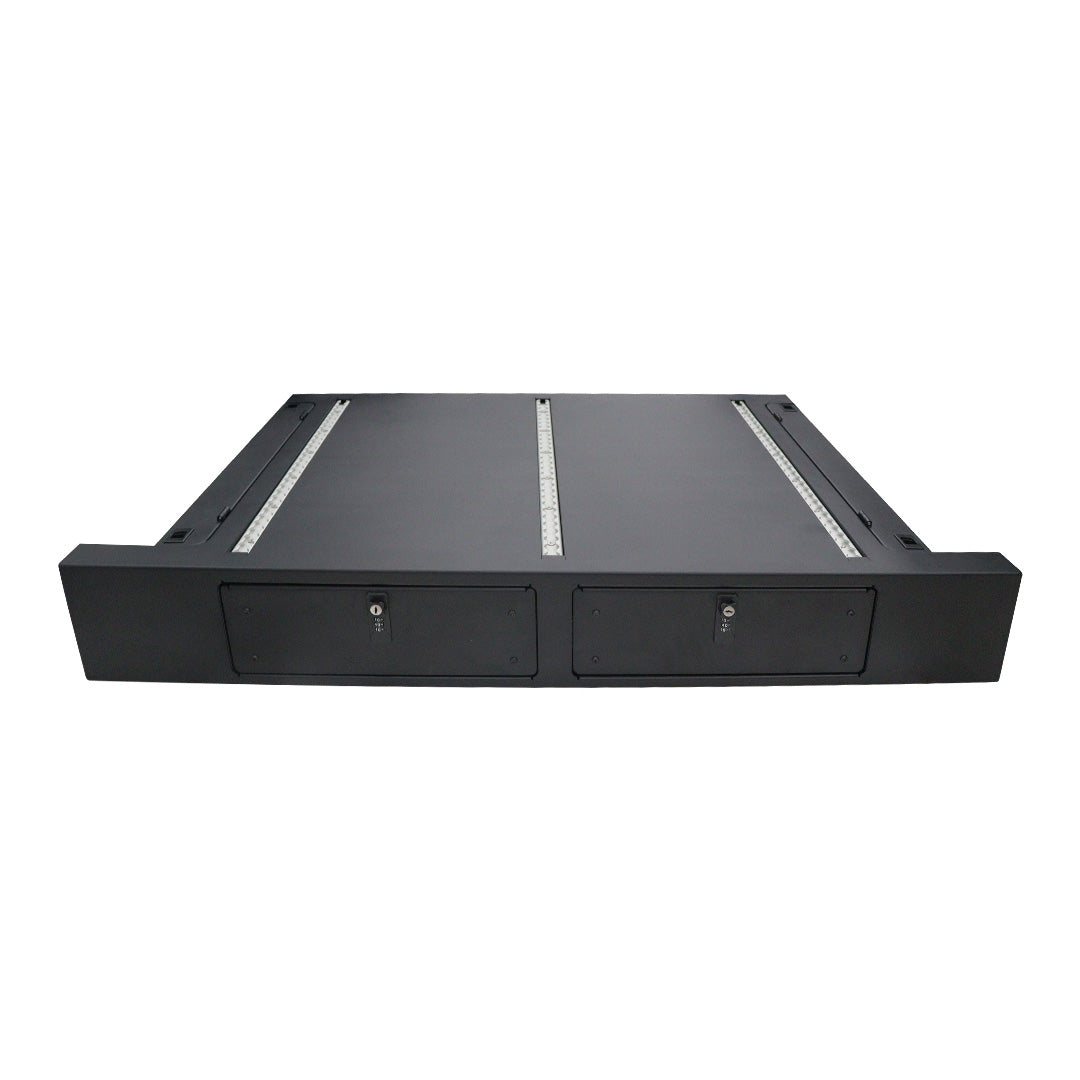 STREK Offroad Twin Drawer System for Ineos Grenadier 32L lockable cargo storage shown from the front with dual key-lock drawer compartments.