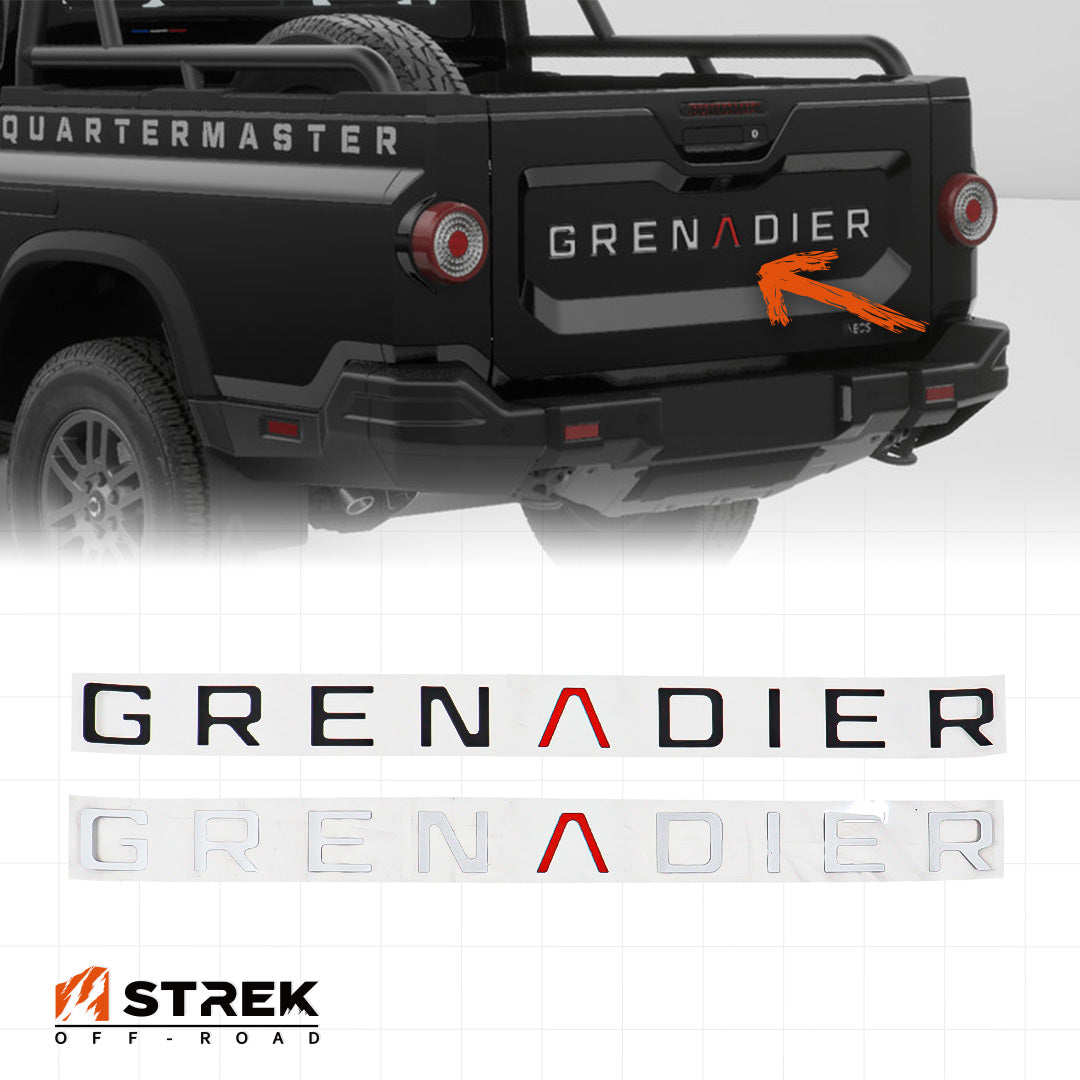 Branded overview graphic showing tailgate inlay decals installed on an INEOS Grenadier Quartermaster with black and silver GRENADIER decal options.