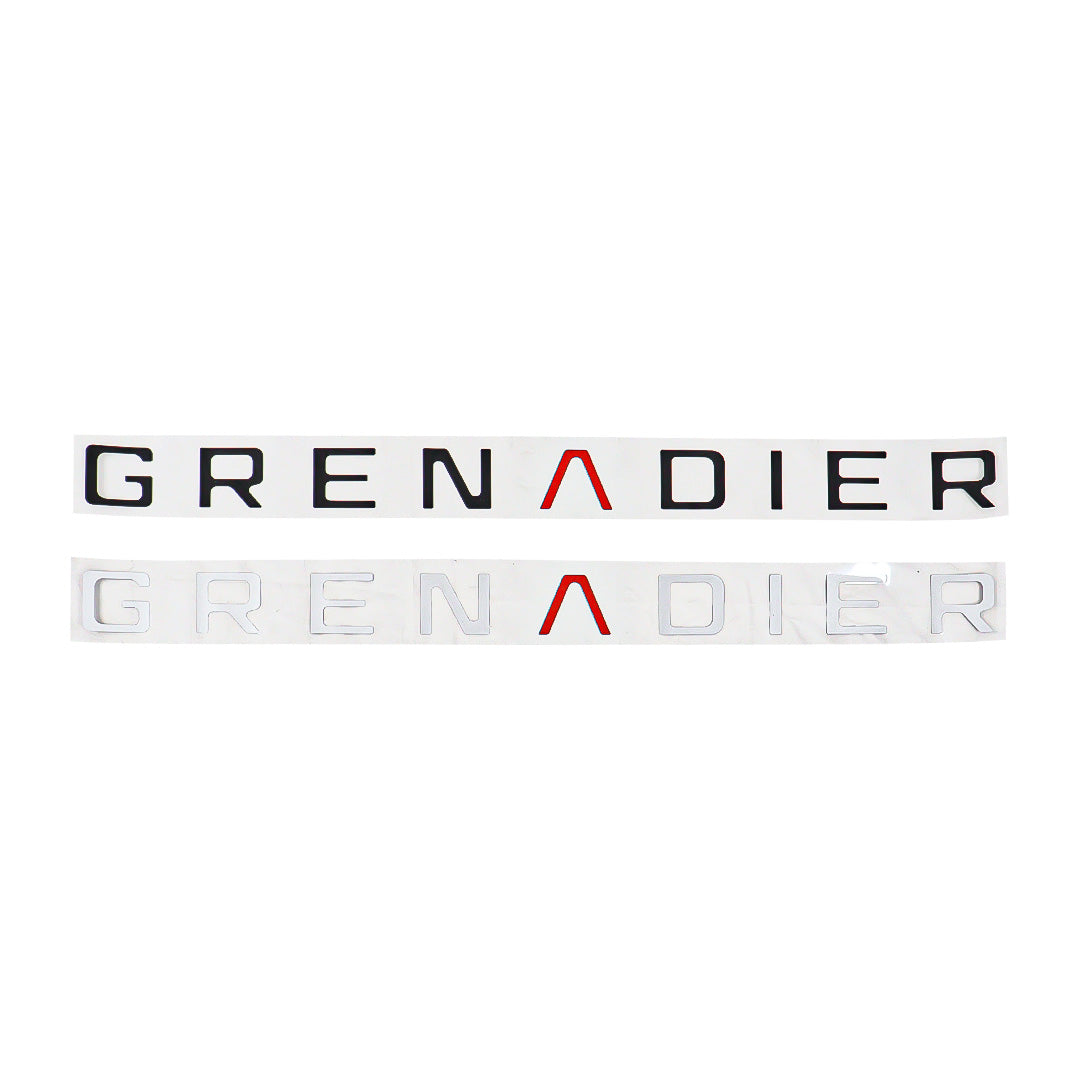 Black and silver GRENADIER tailgate inlay decals with red A accent for INEOS Grenadier Quartermaster.