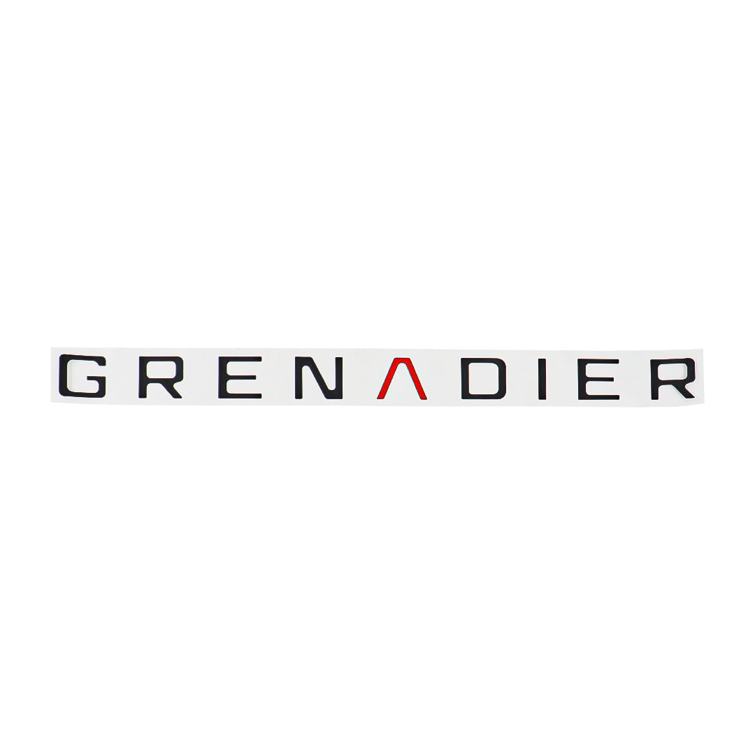 Black GRENADIER tailgate inlay decal with red A accent on a white background for INEOS Grenadier Quartermaster.