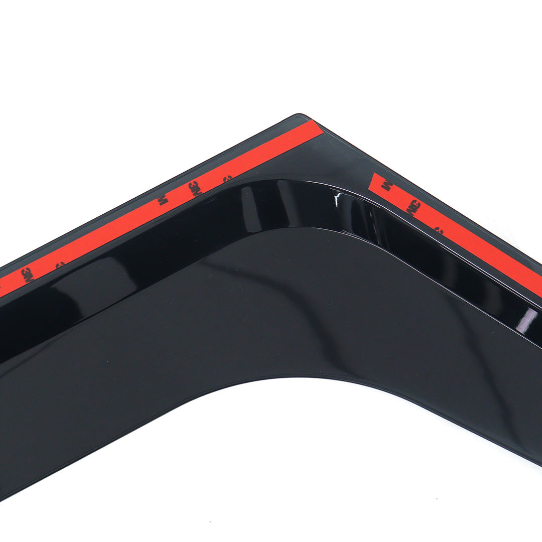 Extreme close-up detailing the pre-applied automotive-grade 3M adhesive backing tape on STREK window deflectors for toolless plug-and-play installation.
